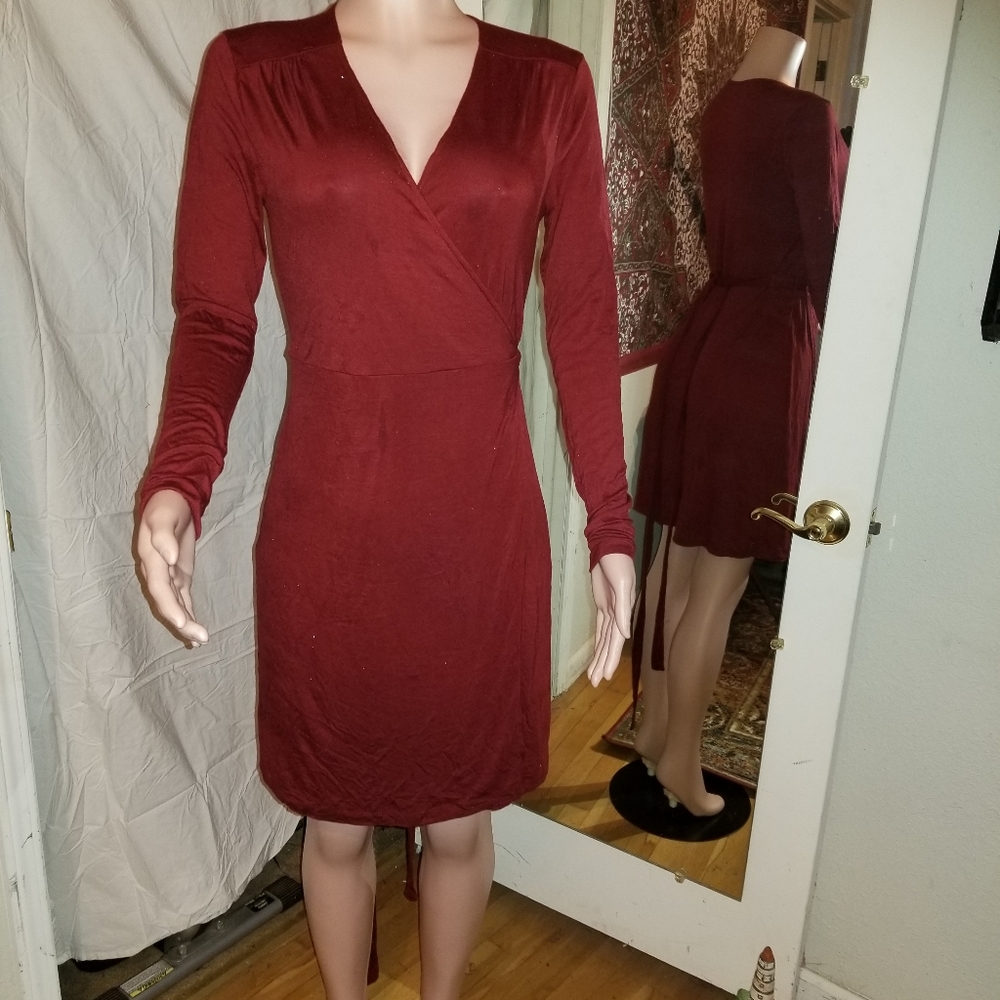 Burgundy Cross Over Long Sleeve Wrap Dress XL
